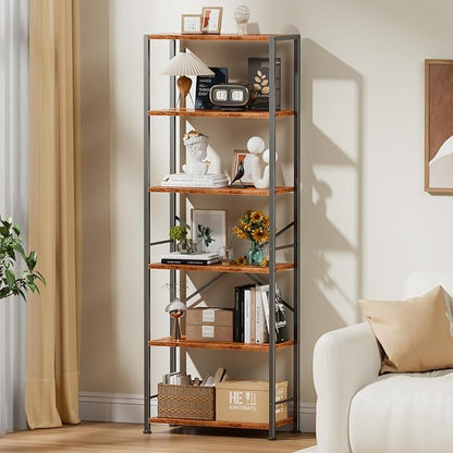 Furologee 6 Tier Book Shelf Set of 2, Tall Wide Bookshelf, Industrial Open Bookcase, Display Shelves Storage Organizer, Shelving Unit for Living Room, Home Office, Bedroom, Rustic Brown