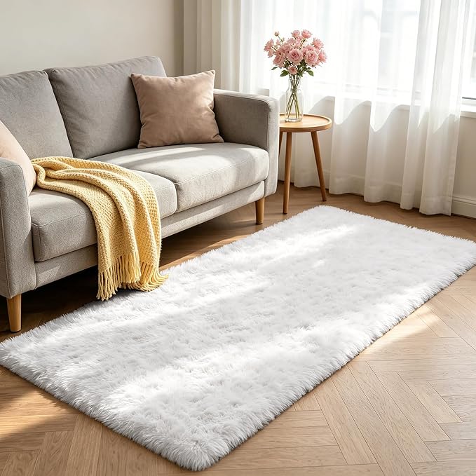 Shag Runner Rug for Bedroom Living Room 3x7 Upgrade Non-Slip Fluffy Soft Bedside Rugs,White Shaggy Carpet for Livingroom Dorm Home Decor Aesthetic