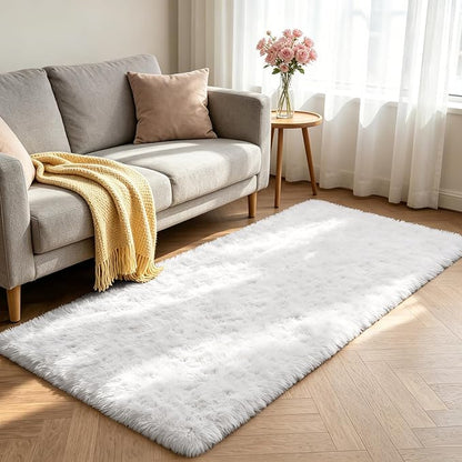 Shag Runner Rug for Bedroom Living Room 3x7 Upgrade Non-Slip Fluffy Soft Bedside Rugs,White Shaggy Carpet for Livingroom Dorm Home Decor Aesthetic