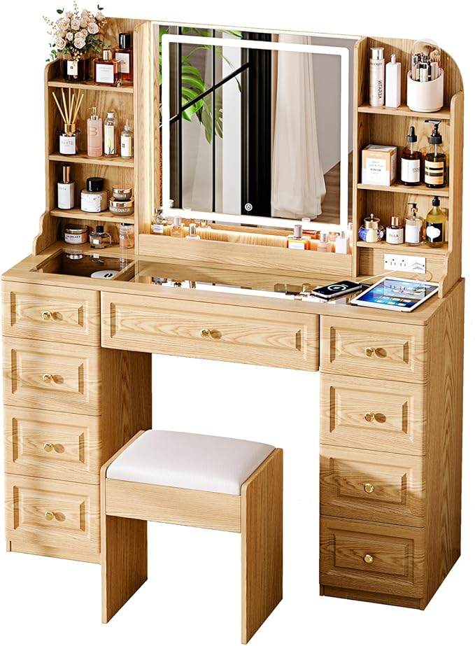 43" Makeup Vanity Desk with Mirror and Lights, & Power Outl, Glass Top Big Vanity Table with 9 Drawers& 8 Storage Shelves, Dressing Table Set with Chair for Bedroom, Wood