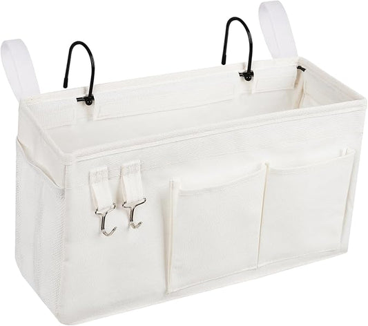 Loghot Bedside Caddy/Bedside Storage Bag Hanging Organizer for Bunk and Hospital Beds,Dorm Rooms Bed Rails,Can be Placed Glasses,Books,Mobile Phones,Keys (White)