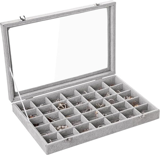 Frebeauty Velvet Jewelry Tray,35 Grid Jewelry Organizer with Clear Lid,Earring Holder Organizer Case with Clasp,Drawer Insert for Rings Studs,13.8 x 9.5 x 2 Inches,Gift for Women Girls(Grey)