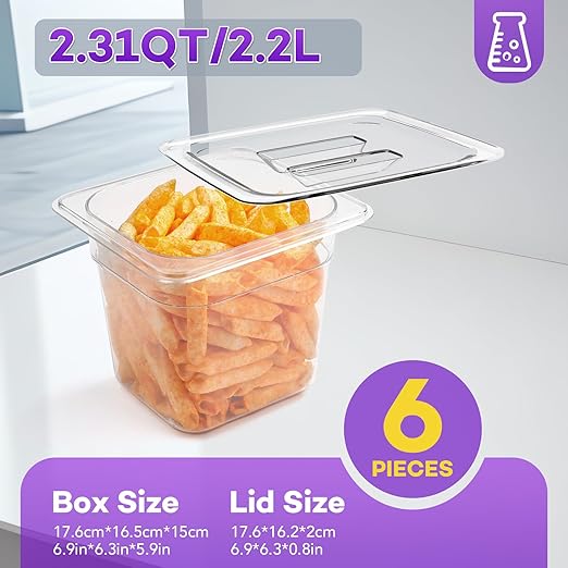 VOISEN 6 Pack Plastic Food Pan with Lids 1/6 Size 6 Inch Deep Commercial Food Storage Containers for Fridge Salad Fruits Vegetables Clear Restaurant Polycarbonate