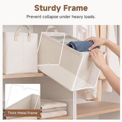 StorageWorks Fabric Storage Bins, Large Storage Baskets for Shelves, Closet Organizers and Storage Bins with Metal Frame, Handles, Beige, Cool Silky Fabric, 2-Pack