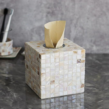 WDHODEC White Tissue Box Cover Square Decorative Tissue Box Holder Handmade Shell & Wooden Tissue Box Cube for Living Room, Dining Room, Cafe, Hotel, Office