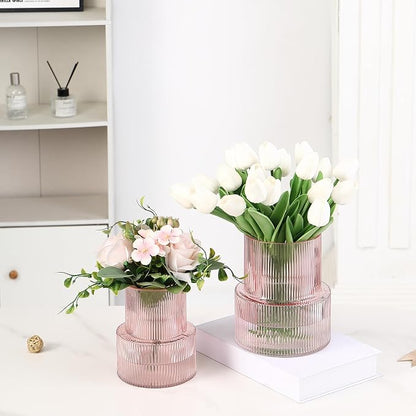 Ribbed Glass Vases for Bouquet, Set of 2 Pink Vases for Flowers, Pink Glass Vase for Tulips, Modern Vase for Living Room, Office, Coffe Table, Dining Table, Shelf, Wedding