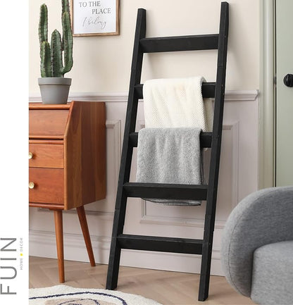 FUIN 5ft (58") Wood Blanket Ladder Living Room Decorative Wall Leaning Farmhouse Quilt Display Holder Storage Rustic Wooden Towel Rack for Bathroom, Black
