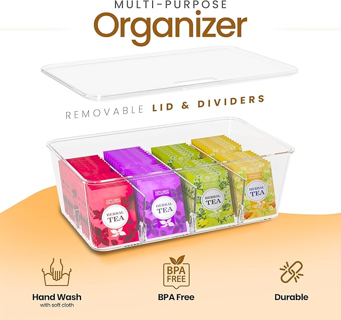 Utopia Home Tea Bag Organizer with Lids – 1 Pack Stackable Pantry, Cabinet & Fridge Storage Organizer for Kitchen, Snacks & Spices