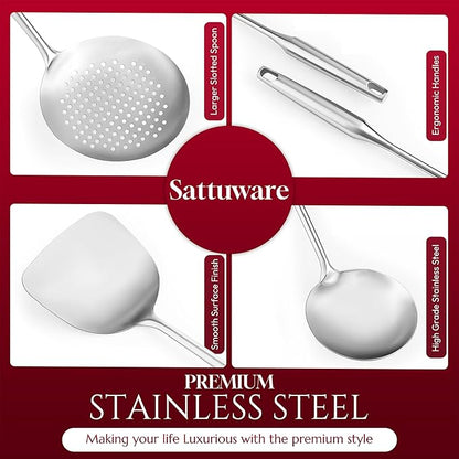 SATTUWARE 6 Pc Stainless Steel Cooking Utensils Set with Ergonomic Handles – Heat Resistant Kitchen Tools Includes Slotted Spatula, Skimmer Ladle, Spatula, Serving Spoon, Pasta Spoon Ideal for Cooking