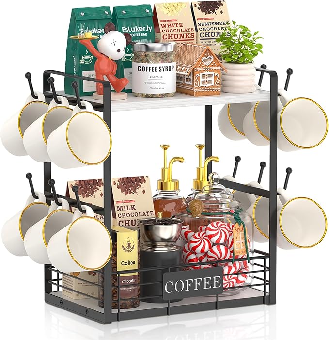 EsLuker.ly Coffee Mug Cup Holder Tree Bar Station Organizer, 2 Tier Mug Stand Rack for Countertop Kitchen, Storage Tower Display Shelf with 12 Hooks, Coffee Nook Enhancer, White-Black