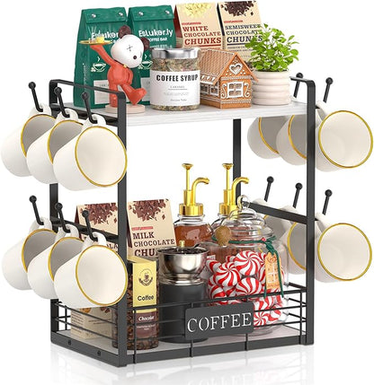 EsLuker.ly Coffee Mug Cup Holder Tree Bar Station Organizer, 2 Tier Mug Stand Rack for Countertop Kitchen, Storage Tower Display Shelf with 12 Hooks, Coffee Nook Enhancer, White-Black