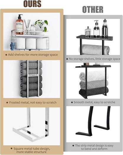 Aetyord Towel Racks for Bathroom - Wall Mounted Metal Rack with Wood Plank, Bathroom Storage Organizer, Towel Holder Stores 6 Large Rolled Towels Easily, Silver with White Plank
