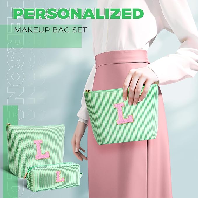 Monogrammed Gifts for Women - Cosmetic Bag for Teen,Initial Cute Makeup Bag Set for Women,Trendy Pouch for Niece Sister Friend Female Her,Birthday Gifts for Daughter - Green,L