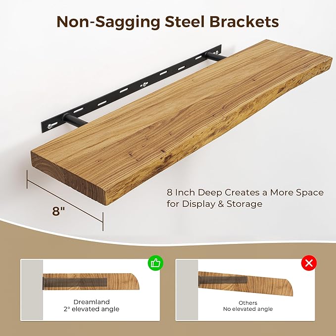 Dreamland Wood Floating Shelves 36 Inch Long, Rustic Solid Elm Wood Live Edge Shelves for Home Decor, 8 Inch Deep Wall Shelf for Living Room Bathroom Bedroom Kitchen, Natural Color, Set of 2