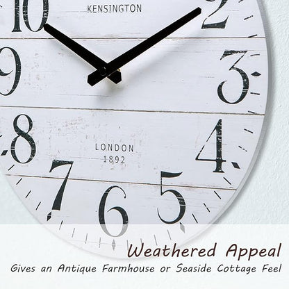 NIKKY HOME Farmhouse White Wall Clock - 12 Inch Quartz Battery Operated Vintage Wooden Decorative Silent Analog Clock for Kitchen, Living Room, Bedroom, Office