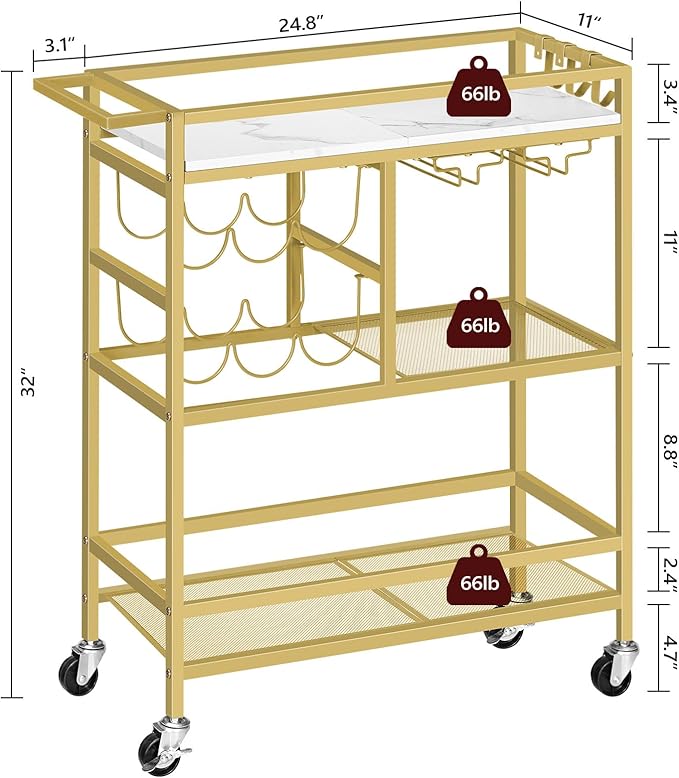 Bar Cart for Home, 3-Tier Serving Cart with Wheels and Handle, Beverage Cart with Wine Rack and Glass Holders, Rolling Wine Cart for Kitchen, Dining Room, Gold and White RCJM6101