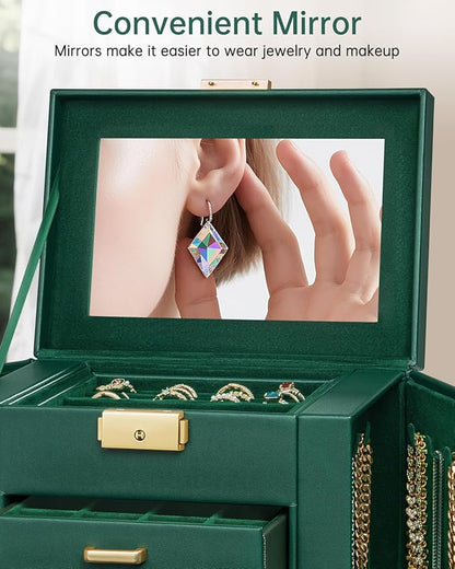 AKOZLIN 4-Tier Jewelry Box Leather Jewelry Storage Organizer with 3 Drawers Lockable for Women Girls Ring Necklace Earring Bracelet Holder with Mirror Forest Green