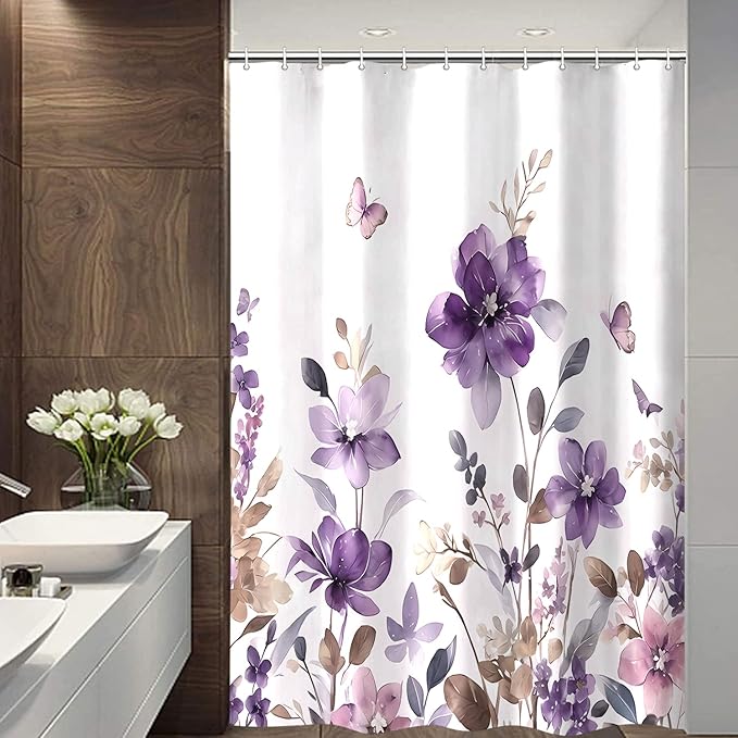 Purple Floral Shower Curtain, Purple Lavender Floral Butterfly Boho Shower Curtains for Bathroom, Farmhous Flower Cute Fabric Shower Curtain Set with 12PCS Hooks, 70X75IN