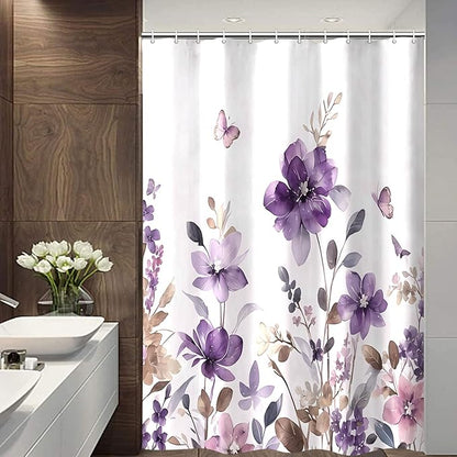 Purple Floral Shower Curtain, Purple Lavender Floral Butterfly Boho Shower Curtains for Bathroom, Farmhous Flower Cute Fabric Shower Curtain Set with 12PCS Hooks, 60X70IN