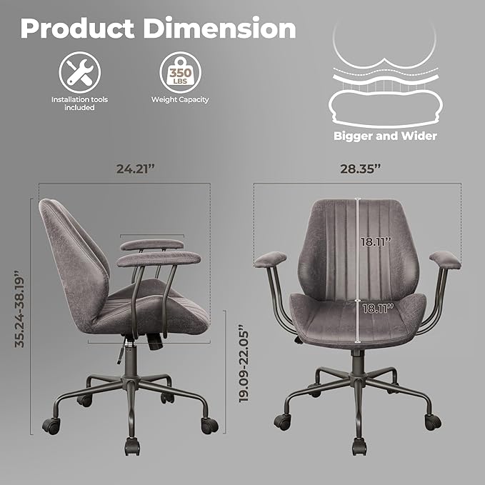 ovios Home Office Chair, Mid-Century Modern Faux Suede Leather Ergonomic Chairs, Mid Back Comfy Computer Swivel Rolling Task Executive Armchair, Grey