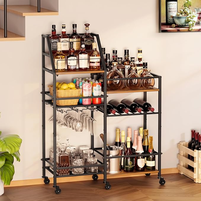VINAEMO Rolling Bar Cart with Wine Glass Holder, Bar Carts for The Home, Bar Stand for Home, Small Mini Bar for Whiskey Wine, Liquor Cart for Home Bar, Alcohol Cabinet for Bar, Kitchen, Dining Room