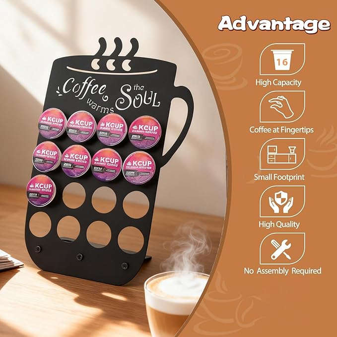 Metal K Cups Coffee Pod Holder, 19 Pods Holder Display,Coffee Bar Organizer for Home ,Kitchen,Office or Workspace, Black frosted Capsule Storage | Stylish Lettering Decor (Coffee Warms Soul)