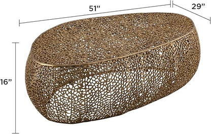 Modern Contemporary Oval-Shape 50" Coffee Table, Solid Aluminum intrigued Design, Mesh Cocktail Table, Creative Center Table for Living Room and Bedroom, Casted in Gold