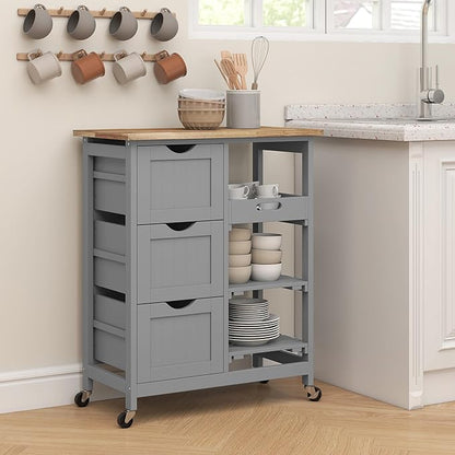 HOMCOM Rolling Kitchen Island Cart, Bar Serving Cart, Compact Trolley on Wheels with Wood Top, Shelves & Drawers for Home Dining Area, Gray