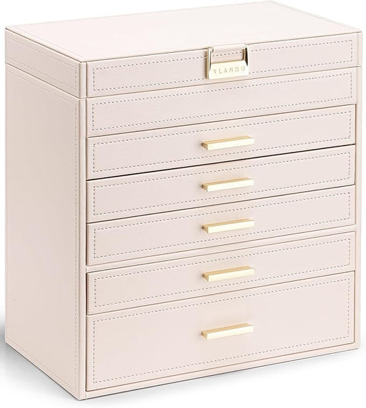 VLANDO 6 Layer Large Jewelry Box - Jewelry Holder Organizer, Jewelry Box Organizer for Drawer Necklace Ring Bracelet and Watch, Birthday Gift for Loved Ones - Pink