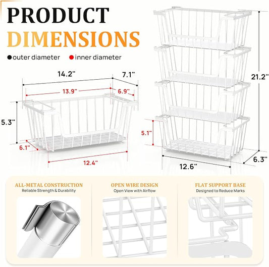 SUNALLY Stackable Storage Bins 6 Pcs Wire Baskets for Pantry Organizers and Storage, Vegetable Fruit Storage Basket for Countertop Organizer,Kitchen Storage Baskets for Onion Potato Snack,White