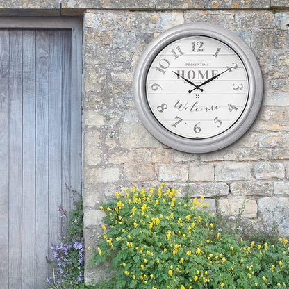 Presentime & Co 18" Vienna Modern Farmhouse Luminous Indoor/Outdoor Clock, Shiplap Style, Galvanized Silver Finish, Night Light with Smart Sensor, Wall Decoration, Outdoor Lights & Decoration.