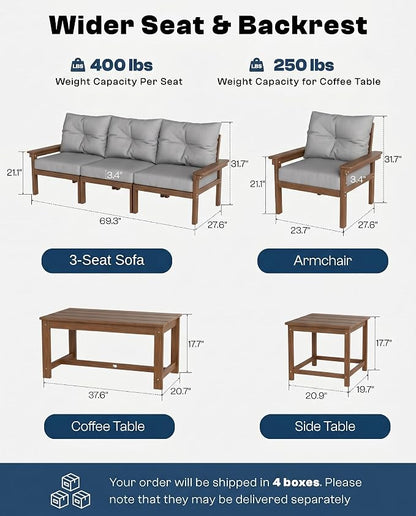 HDPE Outdoor Patio Furniture Set, 7-Piece Patio Conversation Sets with Coffee Table & Side Table & Beige Washable Thick Cushions, Outdoor Sofa for Balcony, Porch, Poolside (Teak Frame)