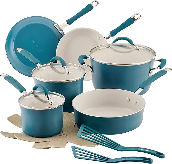 Rachael Ray Cucina Ceramic Cookware Set - 13 Pieces - Ceramic Pots and Pans Set w/Nonstick Frying Pans, Saute Pan, Saucepans, Stockpot, Lids, Pan Protectors - Marine Blue