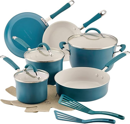 Rachael Ray Cucina Ceramic Cookware Set - 13 Pieces - Ceramic Pots and Pans Set w/Nonstick Frying Pans, Saute Pan, Saucepans, Stockpot, Lids, Pan Protectors - Marine Blue