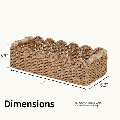 Scalloped Edge Bathroom Counter Organizer Basket with Wooden Handles, Khaki Paper Rope Toilet Tank Top Basket, Toilet Paper Storage Basket for Vanity, Shelves – 14" x 6.3" x 3.9"