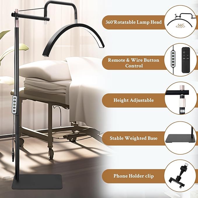 Lash Lamp - Esthetician Light for Eyelash Tech,Tattoo Artists, Nail Tech, Led Half Moon Light for Lashes Extensions, Warm/Cool Floor Piano Lamp with Phone Holder, Adjustable Brightness & Height
