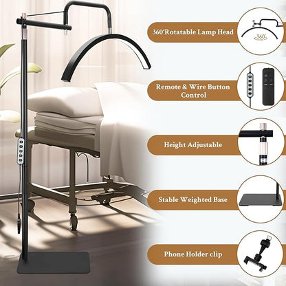 Lash Lamp - Esthetician Light for Eyelash Tech,Tattoo Artists, Nail Tech, Led Half Moon Light for Lashes Extensions, Warm/Cool Floor Piano Lamp with Phone Holder, Adjustable Brightness & Height
