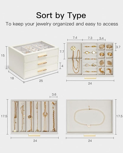 VLANDO Jewelry Box for Women, 3-Layer Jewelry Organizer with Drawers, Glass Lid Display Jewelry Storage, Soft PU Leather Exterior, Contrast Gold Metal Handles, Refined Style - Cloud White