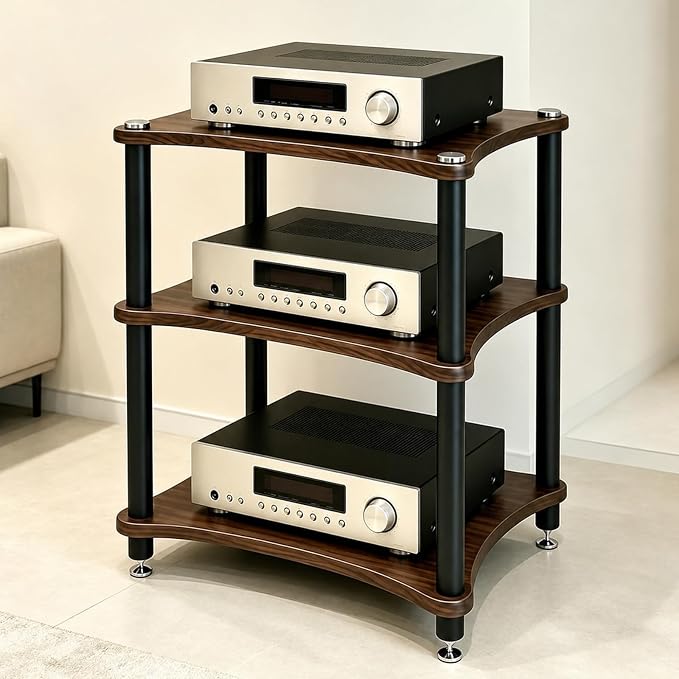 Heavy Duty Audio Component Rack, Large Storage Space AV Media Stand with Shock-Absorbing Foot pegs, Audio Rack Tower CD Player Stand for Home/Office/Audio Video/Theate (Black Walnut, 3rd)