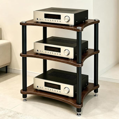 Heavy Duty Audio Component Rack, Large Storage Space AV Media Stand with Shock-Absorbing Foot pegs, Audio Rack Tower CD Player Stand for Home/Office/Audio Video/Theate (Black Walnut, 3rd)