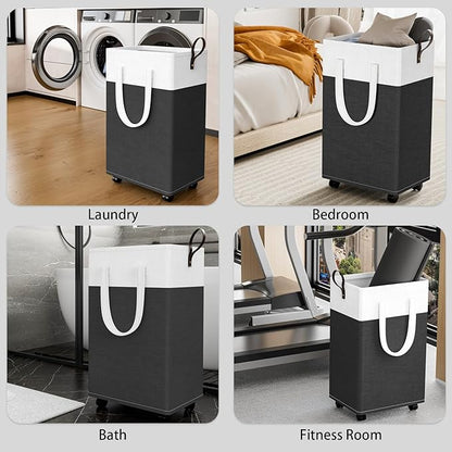 HomeHacks Laundry Basket with Wheels, Rolling Laundry Hamper, Collapsible & Waterproof Clothes Hamper, Narrow Corner Bins with Extended Handles in the Family & Dorm 90L(Grey)