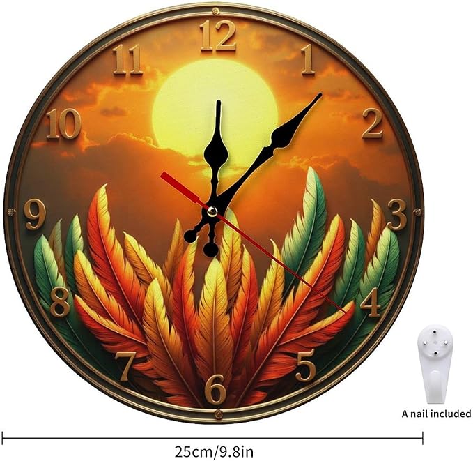 Wall Clock， Sunset Feather Bohemian Non Ticking Wall Clocks Battery Operated， Gold Wooden Wall Clocks for Kitchen， Living Room， Bedroom， Office Decorative 25 * 25cm