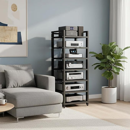 7 Tier AV Media Stand, 55in Audio Rack Tower Stereo Components Cabinet, Home Theatre CD Record Player Stereo Receiver Equipment Rack with Adjustable Wood Shelves, Load 400lbs (Black)
