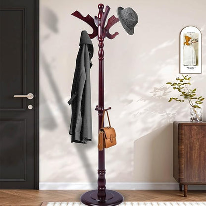 Wooden Coat Rack Freestanding with 11 Hooks Bird Style, 71'' Vintage Coat Racks Tree, Adjustable Height, Coat Hanger Stand with Sturdy Base, Coat Tree Hats Hanger for Living Room, Bedroom, Entryway