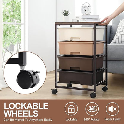 SYKIARIOL Utility Cart with 4 Drawers,Rolling Storage Cart with Drawers,Storage Rolling Drawer Cart,Brown