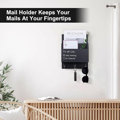 Key and Mail Holder for Wall Mount, Entryway Mail Holder with 2 Slot, Key Holder with 3 Sturdy Hooks for Coat, Dog Leash, Decorative Key Rack (8.86”W x 11.42”H x 3”D) (Black)