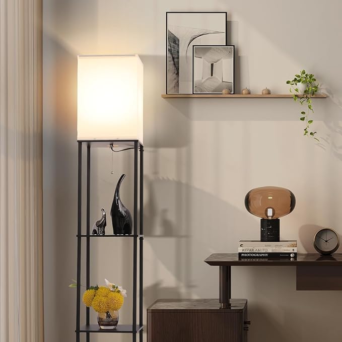 Gupuzm Floor Lamp with Shelves, with Modern Square Standing Lamp with Smart APP Control RGB Bulb, Corner Display Bookshelf Lamp for Living Room, Bedroom and Office (black-9RGB)