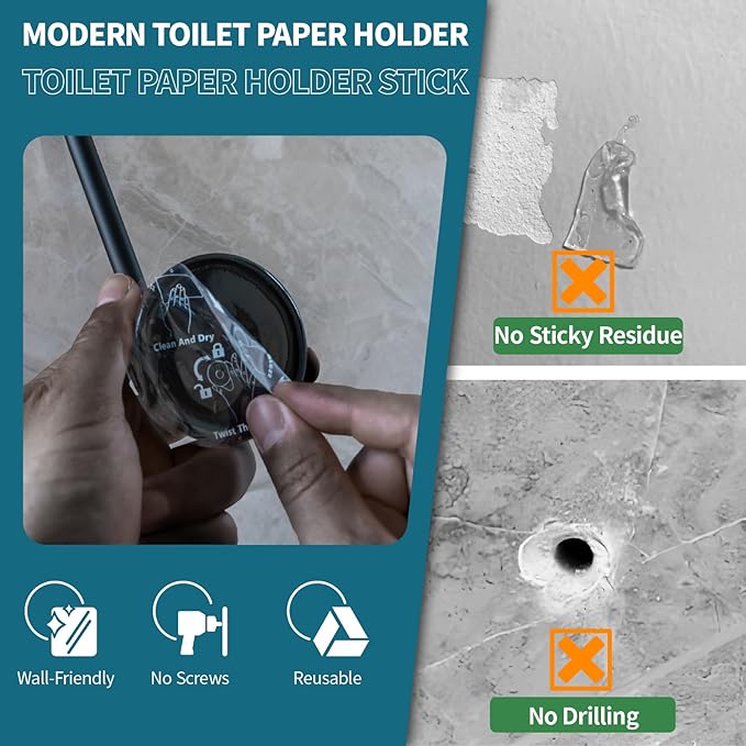 No-Drill Toilet Paper Holder Wall Mount - Removable Adhesive Suction Cup, 304 Stainless Steel, Multi-Function Hat Racks & Hand Towel Holder for Bathroom RV, 2 Pack, Matte Black