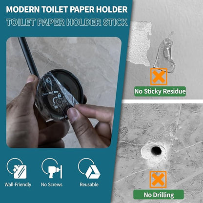 No-Drill Toilet Paper Holder Wall Mount - Removable Adhesive Suction Cup, 304 Stainless Steel, Multi-Function Hat Racks & Hand Towel Holder for Bathroom RV, 2 Pack, Matte Black