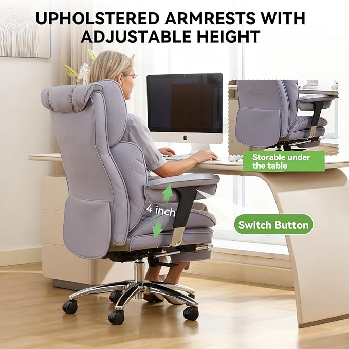 Efomao Big & Tall Executive Office Chair with Footrest - 400lbs Heavy Duty High Back PU Leather Desk Chair, Modern Ergonomic Reclining Computer Chair, Purple